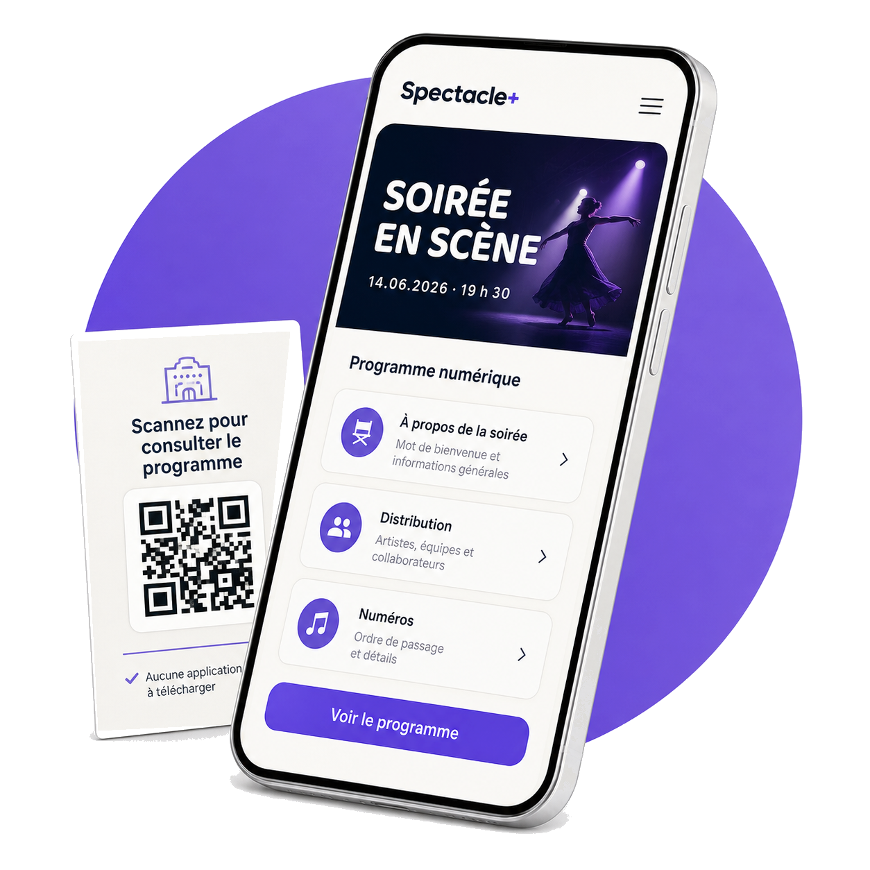Affiche avec code QR à côté d’un téléphone affichant le programme numérique Spectacle+